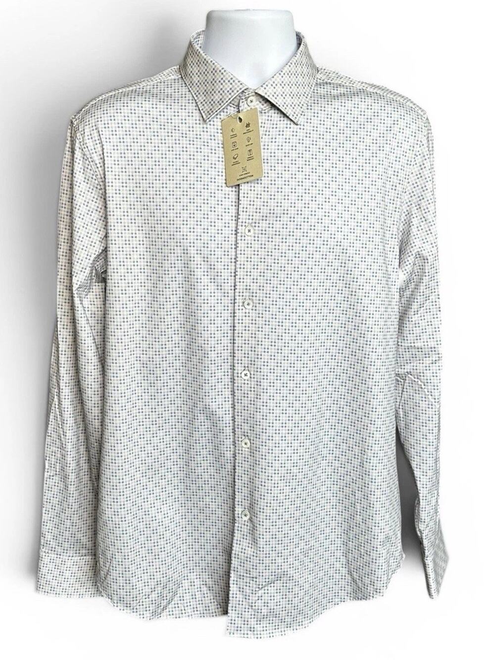 New Bugatchi LS Button Down Stretch Almond Blue White Tan Check Medium